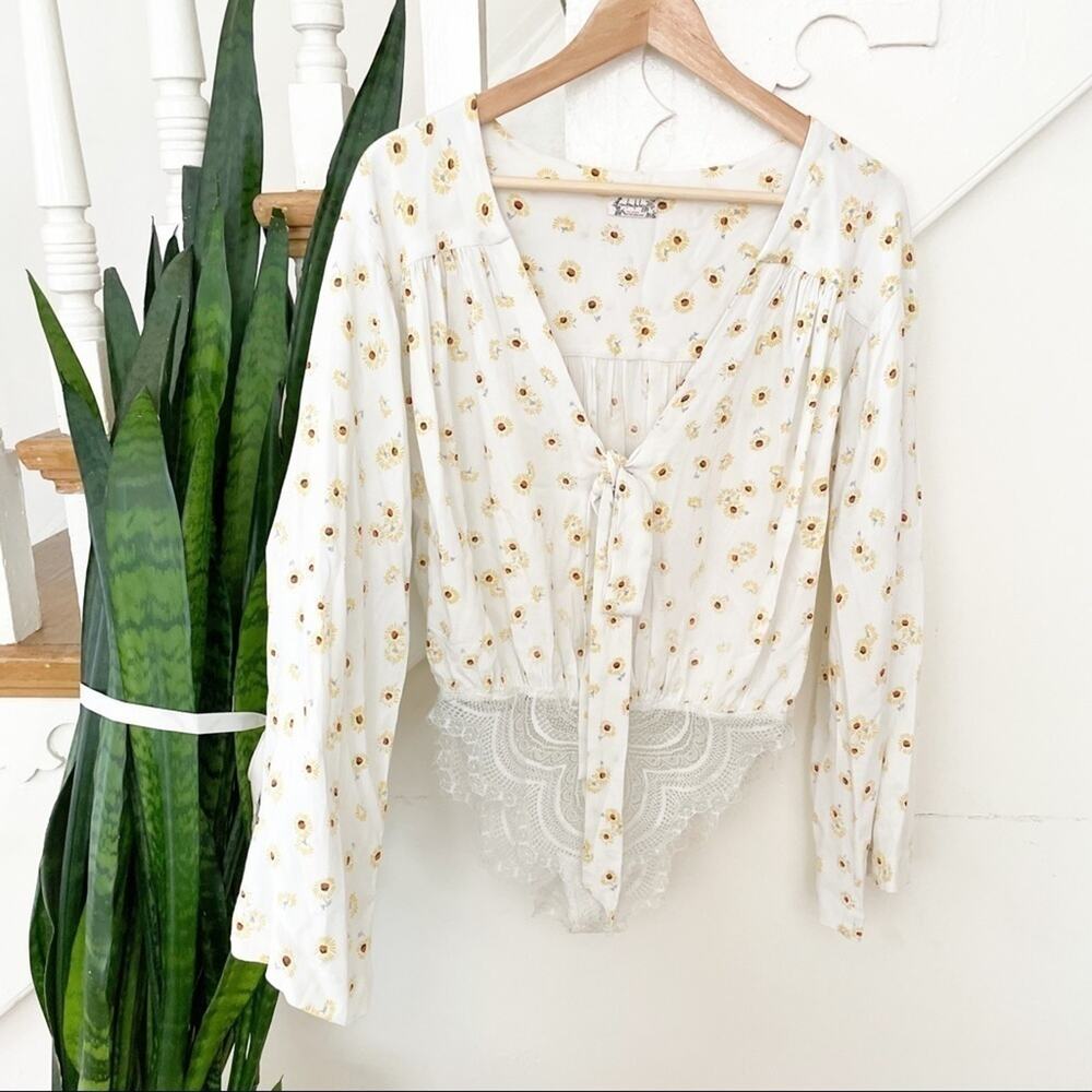Free People Forties Feels Sunflower Long Sleeve Bodysuit Size X-Small